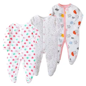 0-12M 3pk Baby Girl Cotton Long Sleeve Footed Onesie
