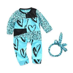 2 Pcs Set Baby Girls Cotton Heart Printed Button Rompers And Headbands