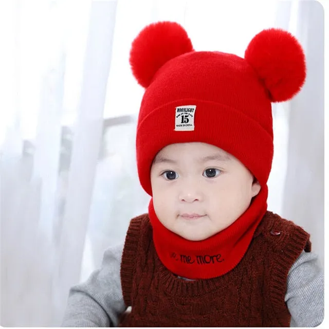 2 Pieces Baby Beanies Cap Set Baby Kid Solid Color Plush Ball Baby Girls Hat And Scarf Set Winter W