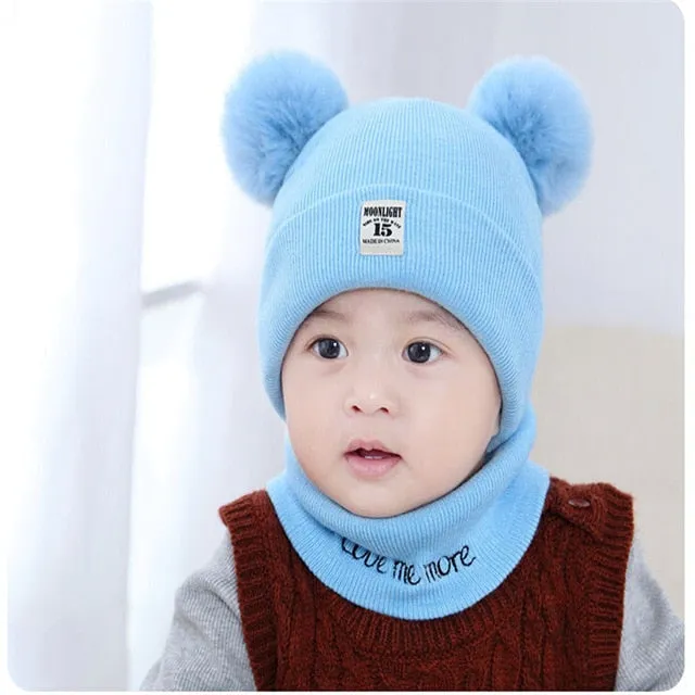 2 Pieces Baby Beanies Cap Set Baby Kid Solid Color Plush Ball Baby Girls Hat And Scarf Set Winter W