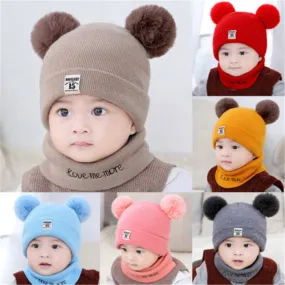 2 Pieces Baby Beanies Cap Set Baby Kid Solid Color Plush Ball Baby Girls Hat And Scarf Set Winter W