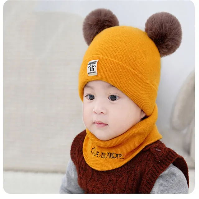 2 Pieces Baby Beanies Cap Set Baby Kid Solid Color Plush Ball Baby Girls Hat And Scarf Set Winter W