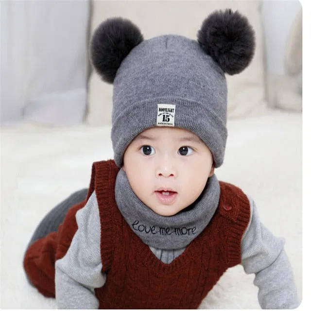 2 Pieces Baby Beanies Cap Set Baby Kid Solid Color Plush Ball Baby Girls Hat And Scarf Set Winter W