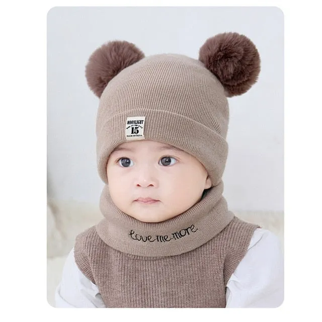 2 Pieces Baby Beanies Cap Set Baby Kid Solid Color Plush Ball Baby Girls Hat And Scarf Set Winter W