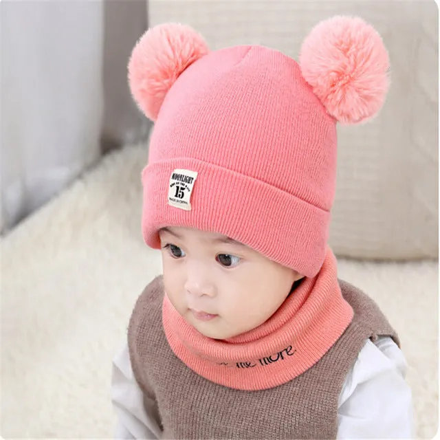 2 Pieces Baby Beanies Cap Set Baby Kid Solid Color Plush Ball Baby Girls Hat And Scarf Set Winter W