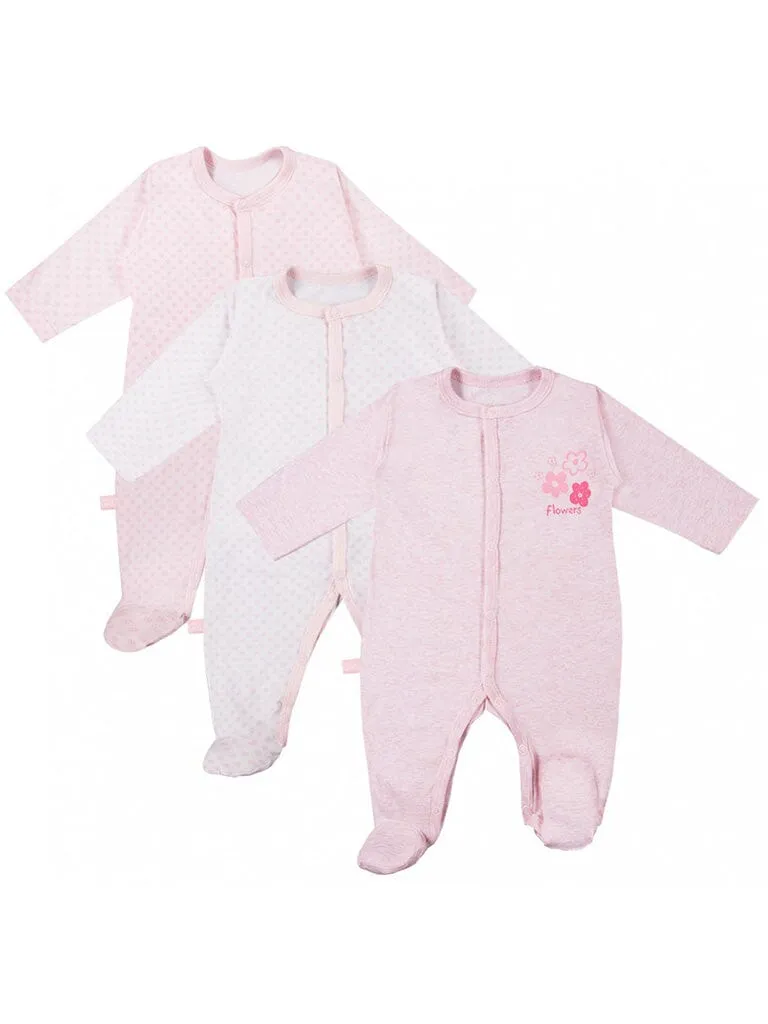 3 Pack Early Baby Footed Sleepsuits, Flowers - Pink