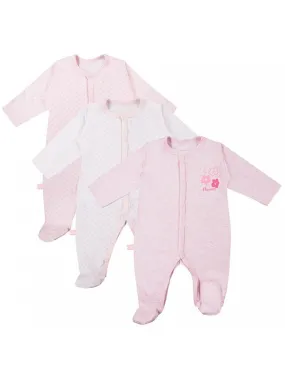 3 Pack Early Baby Footed Sleepsuits, Flowers - Pink