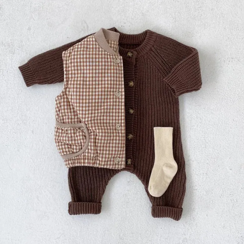 3 Pieces Knitted Overalls Baby Rompers