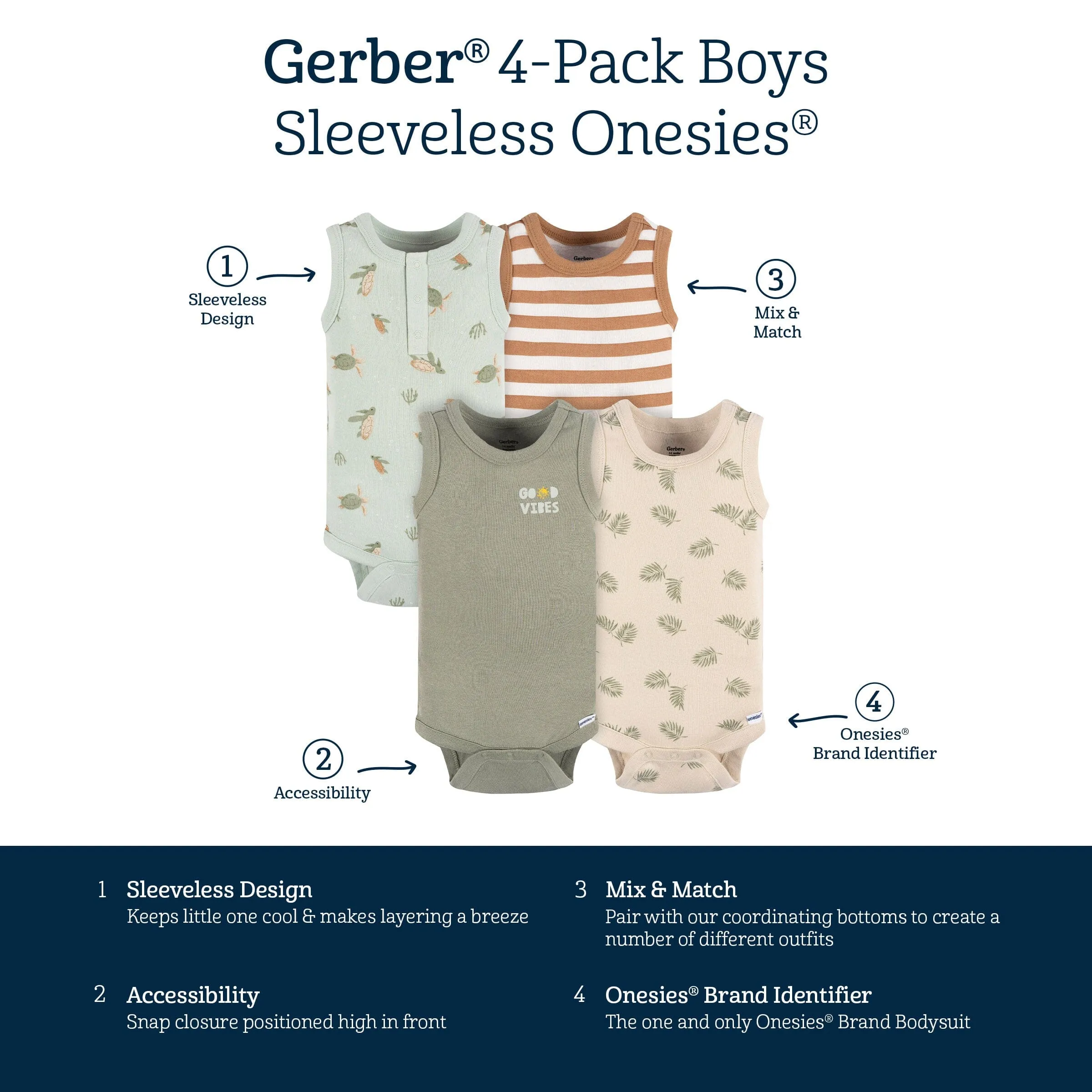 4-Pack Baby Boys Sea Turtles Sleeveless Onesies® Bodysuits