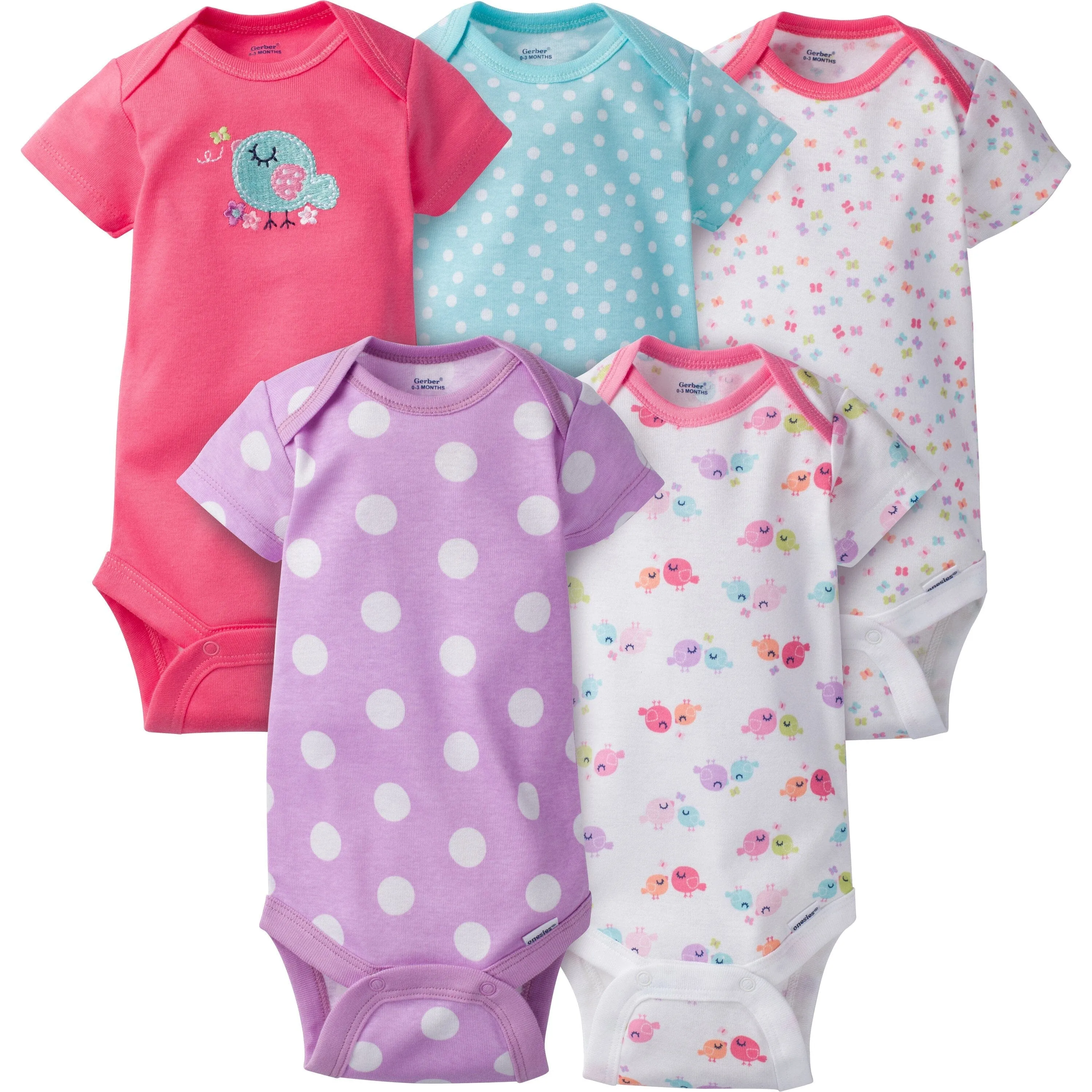 5-Pack Baby Girls Birdie Short Sleeve Onesies® Bodysuits