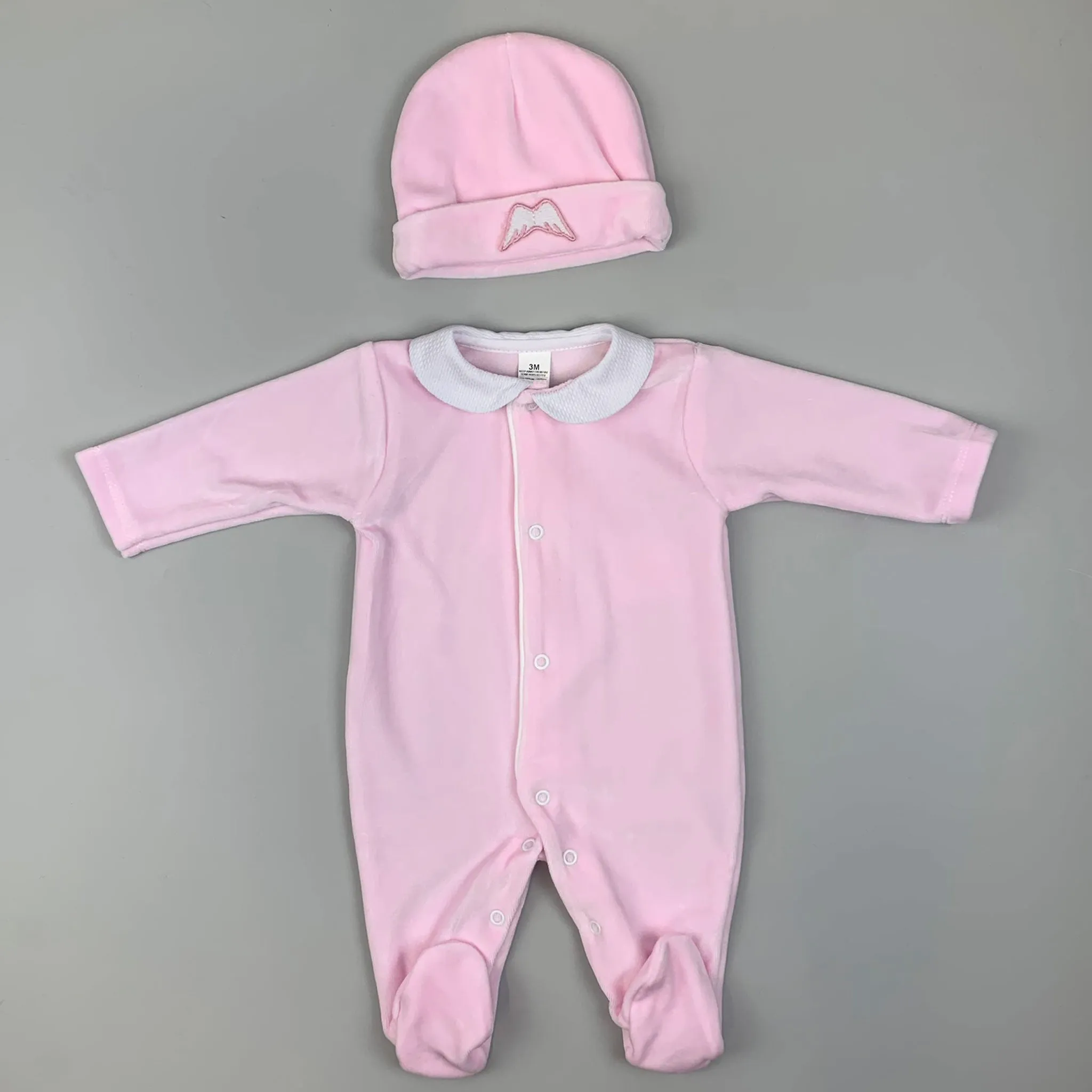 Baby Angel Wings Velour Sleepsuit with Hat -Pink