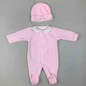 Baby Angel Wings Velour Sleepsuit with Hat -Pink