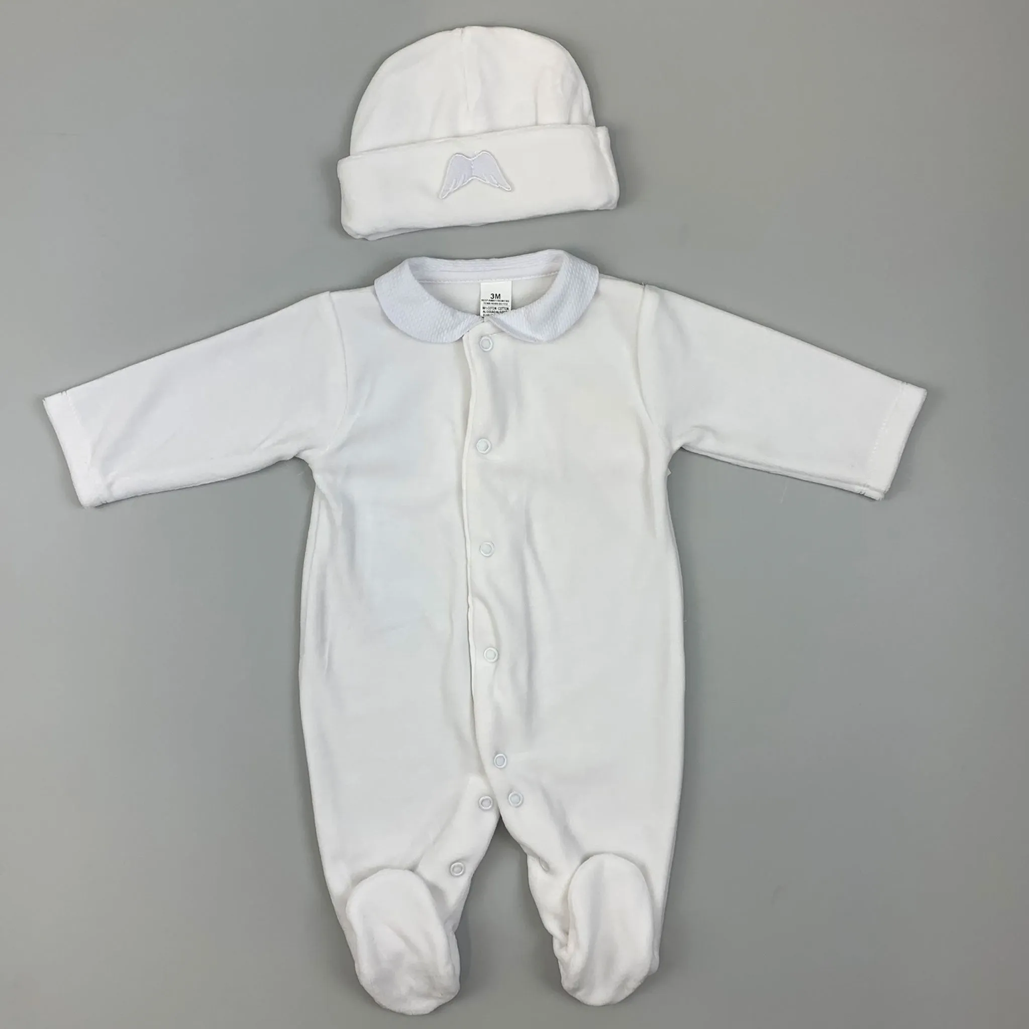 Baby Angel Wings Velour Sleepsuit with Hat - White