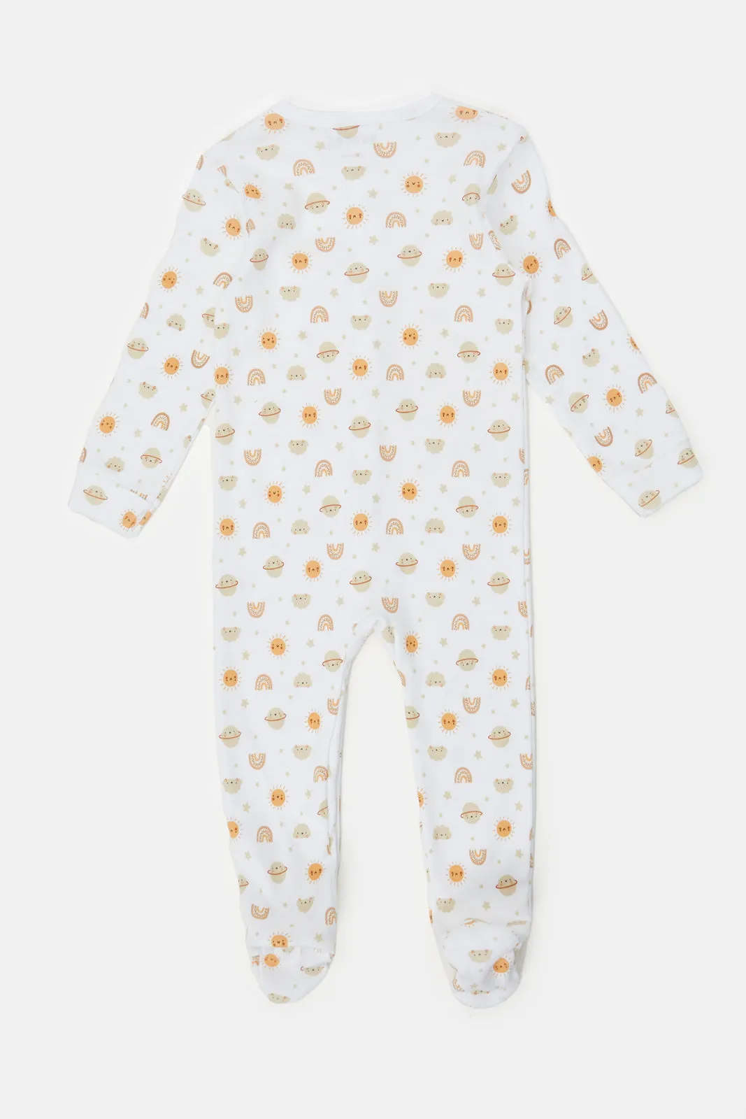 Baby Beige And White Printed Sleepsuit Set (Pack of 2)