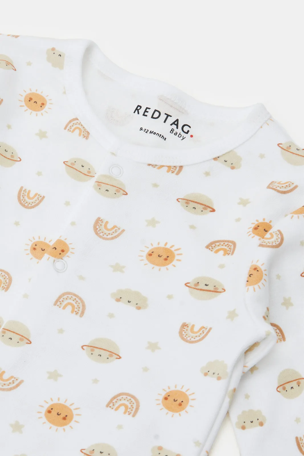 Baby Beige And White Printed Sleepsuit Set (Pack of 2)