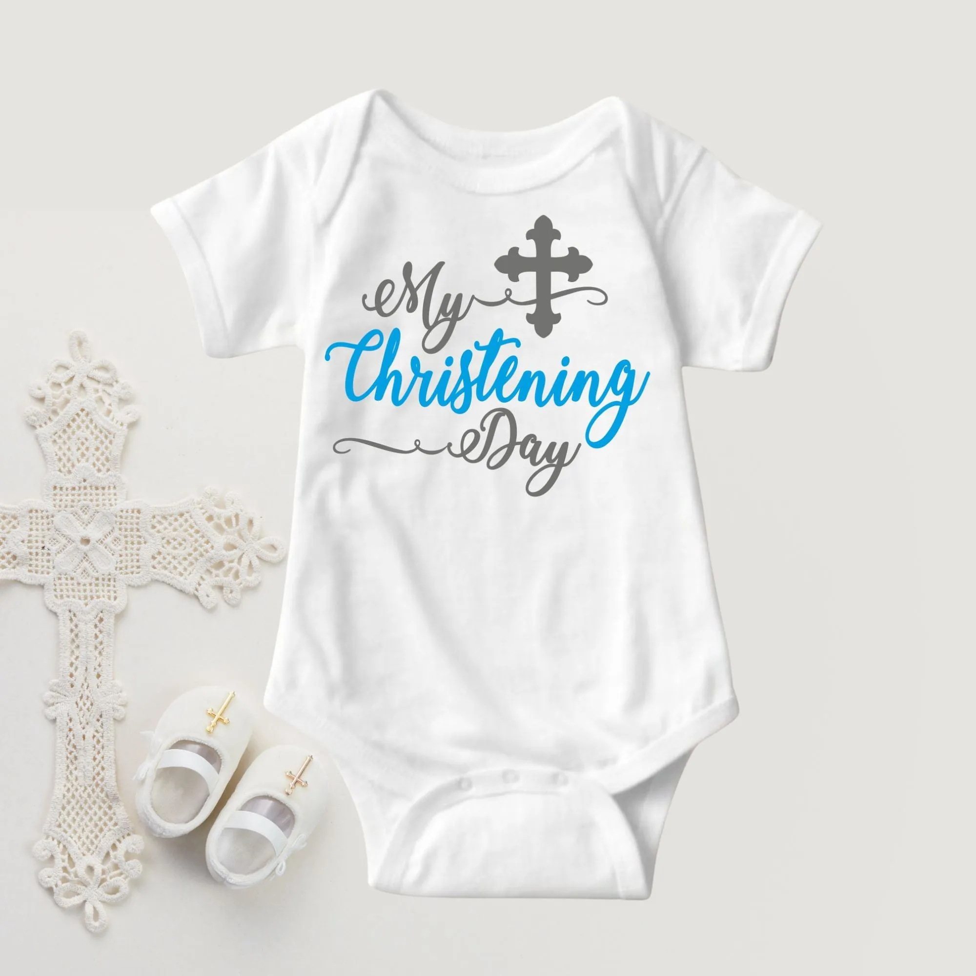 Baby Boy Christening Baptism Dedication Onesies - Blue Silver