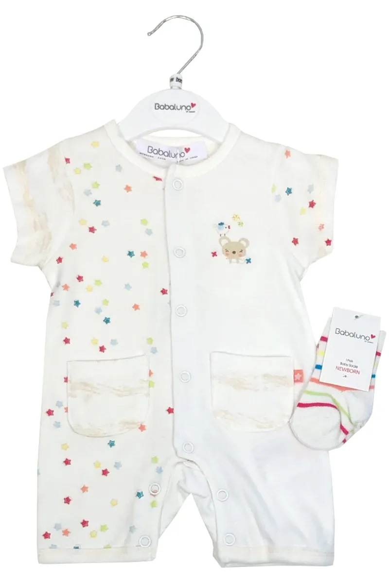 Baby Boys Girls Babaluno Cream Multi Star 2 Piece Cotton Romper and Socks Sets