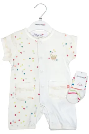 Baby Boys Girls Babaluno Cream Multi Star 2 Piece Cotton Romper and Socks Sets