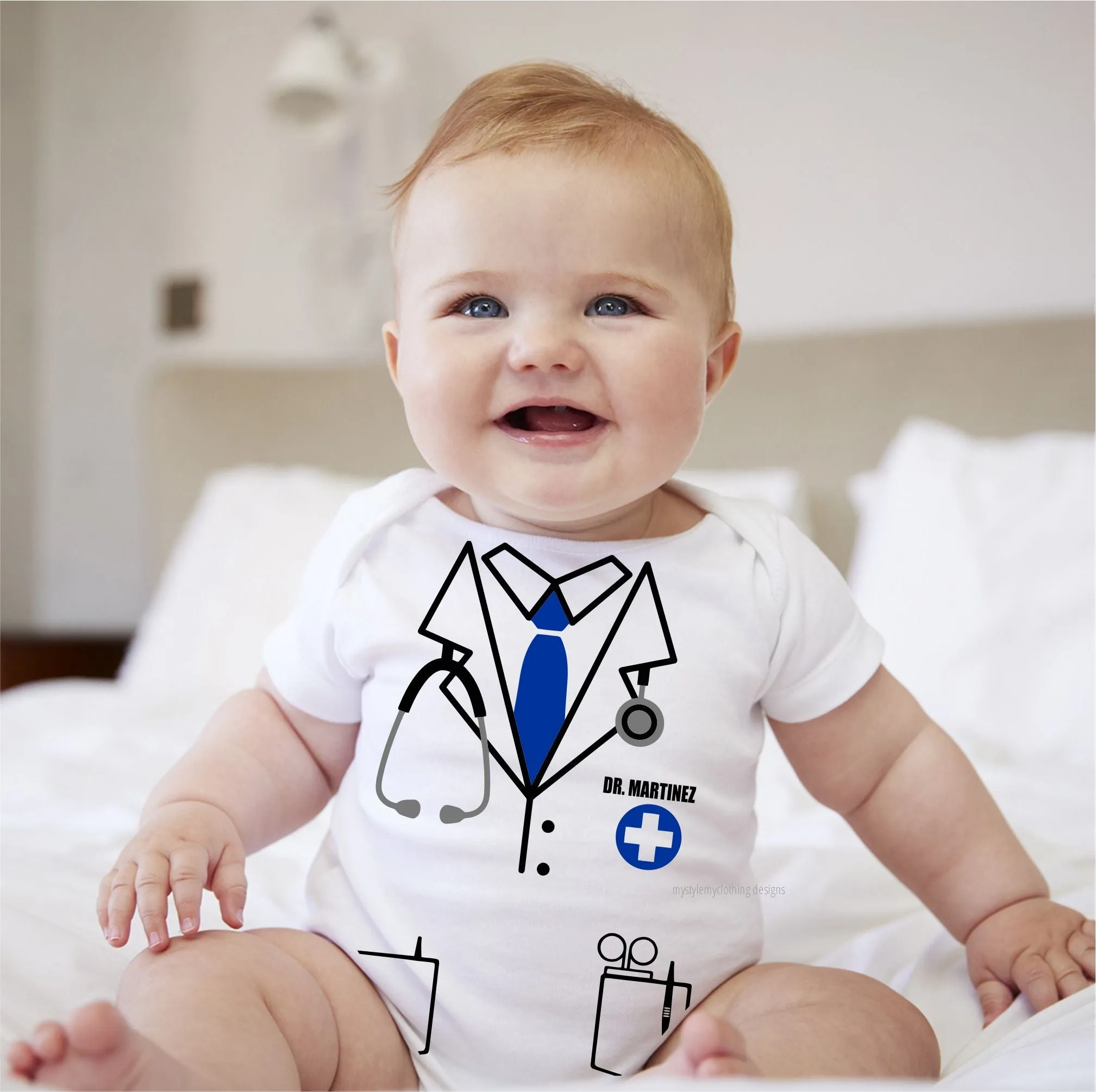 Baby Career Onesies - Doctor Scrub Suit Blue Necktie with FREE Name Print