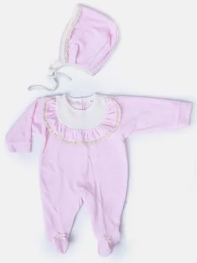 Baby Girl Sleepsuit with Matching Bonnet & Lace-Baby Pink