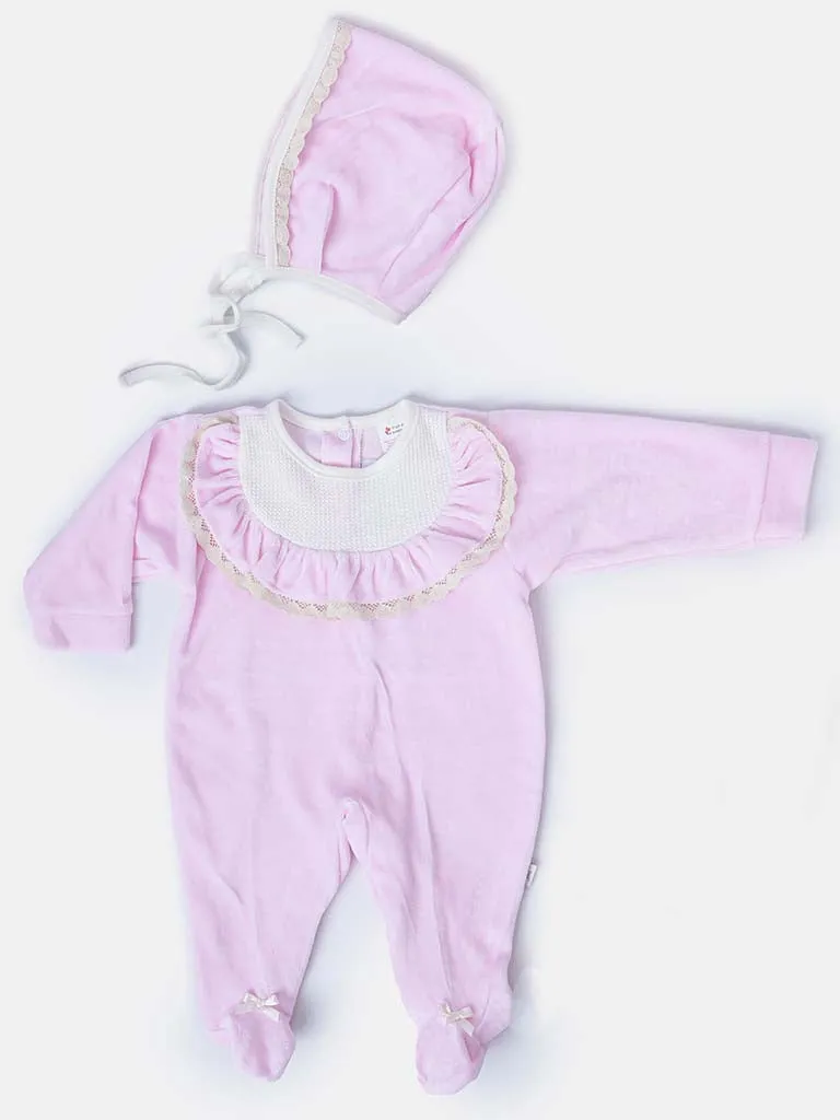 Baby Girl Sleepsuit with Matching Bonnet & Lace-Baby Pink