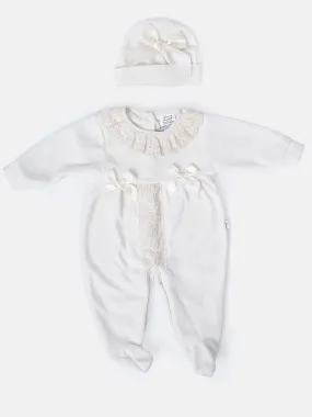 Baby Girl Sleepsuit with Matching Hat, Lace & Bows - Cream