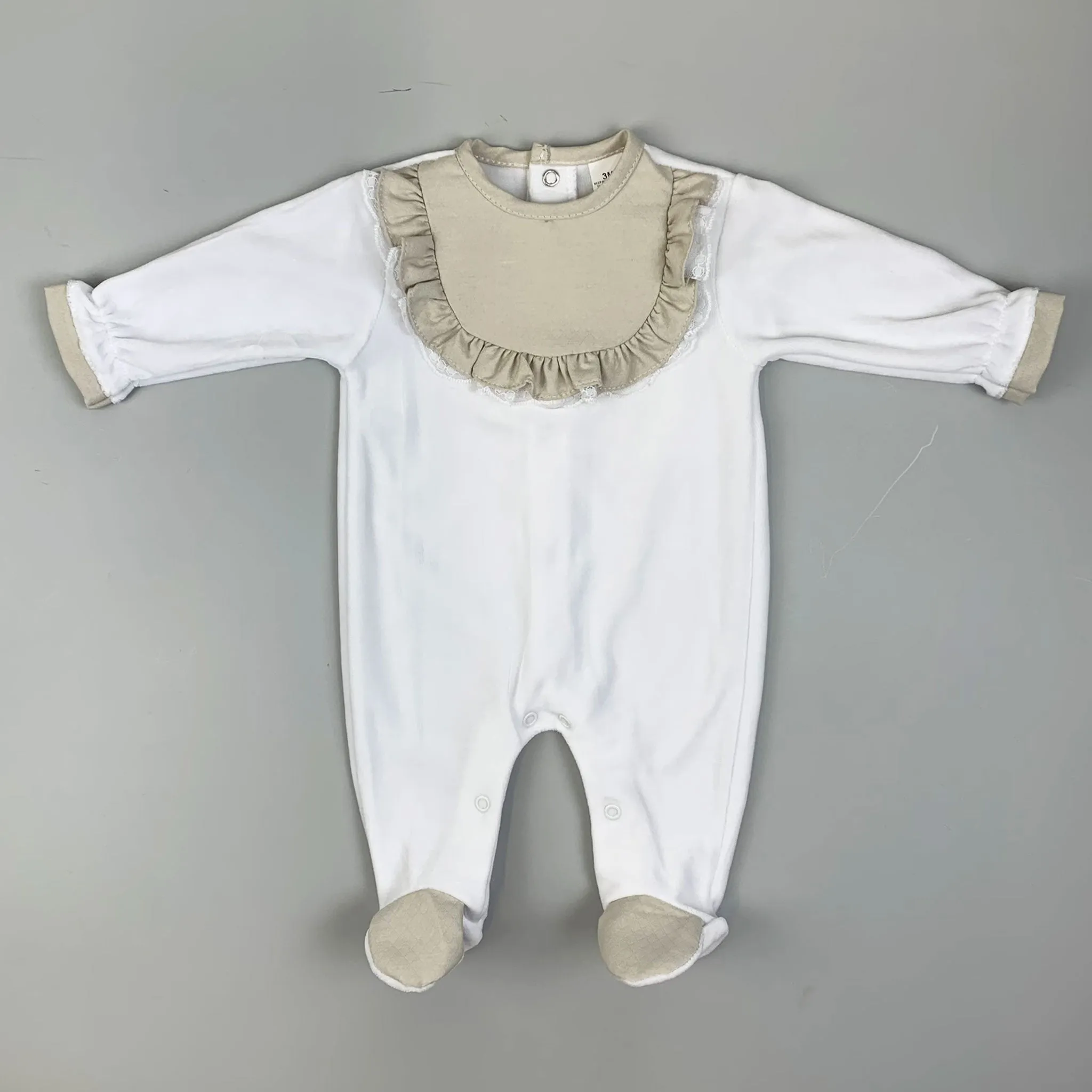 Baby Girls Velour  Sleepsuit with Frilly Bib Front - White / Beige