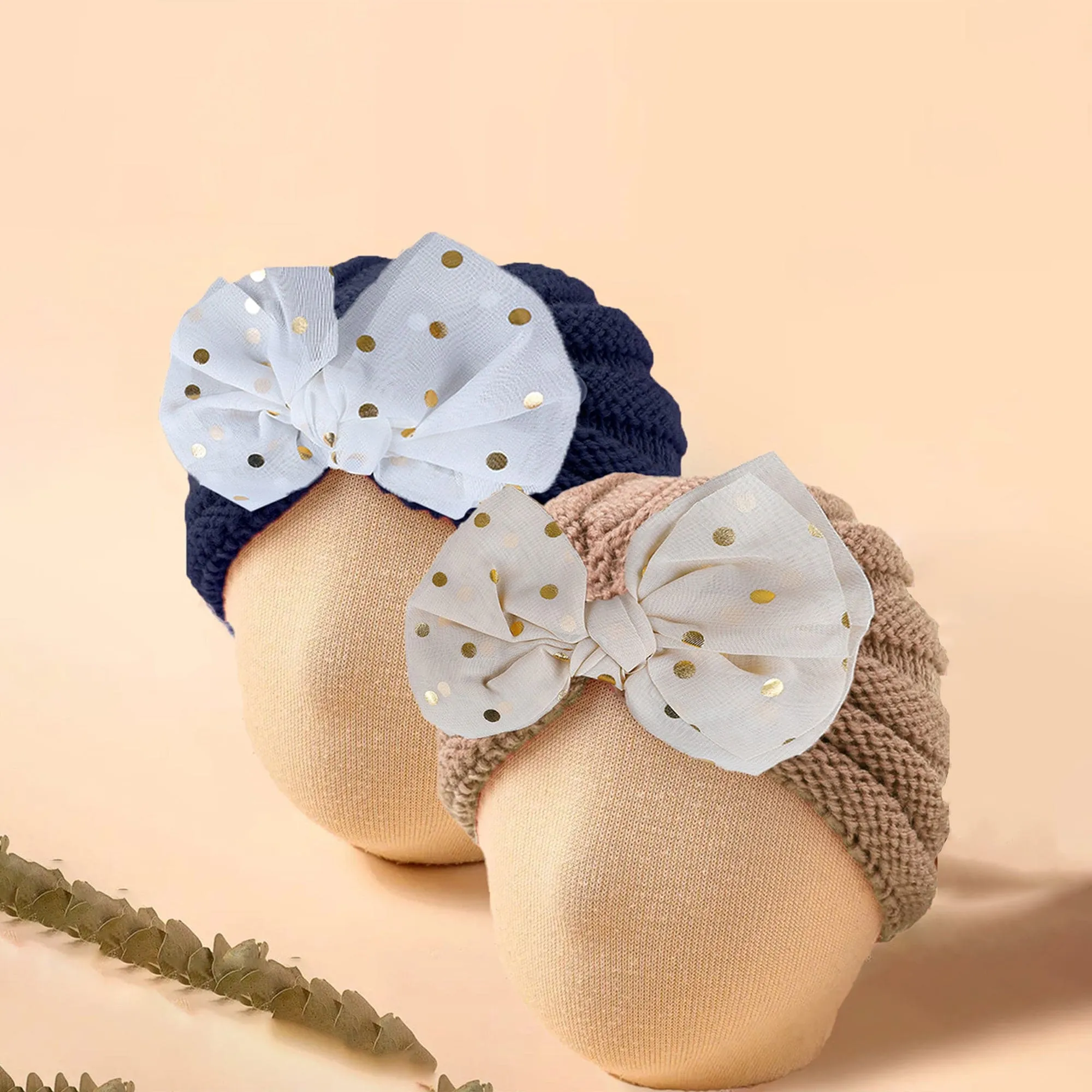 Baby Moo Partywear Sequence Bow 2 Pack Turban Caps - Brown And Navy Blue