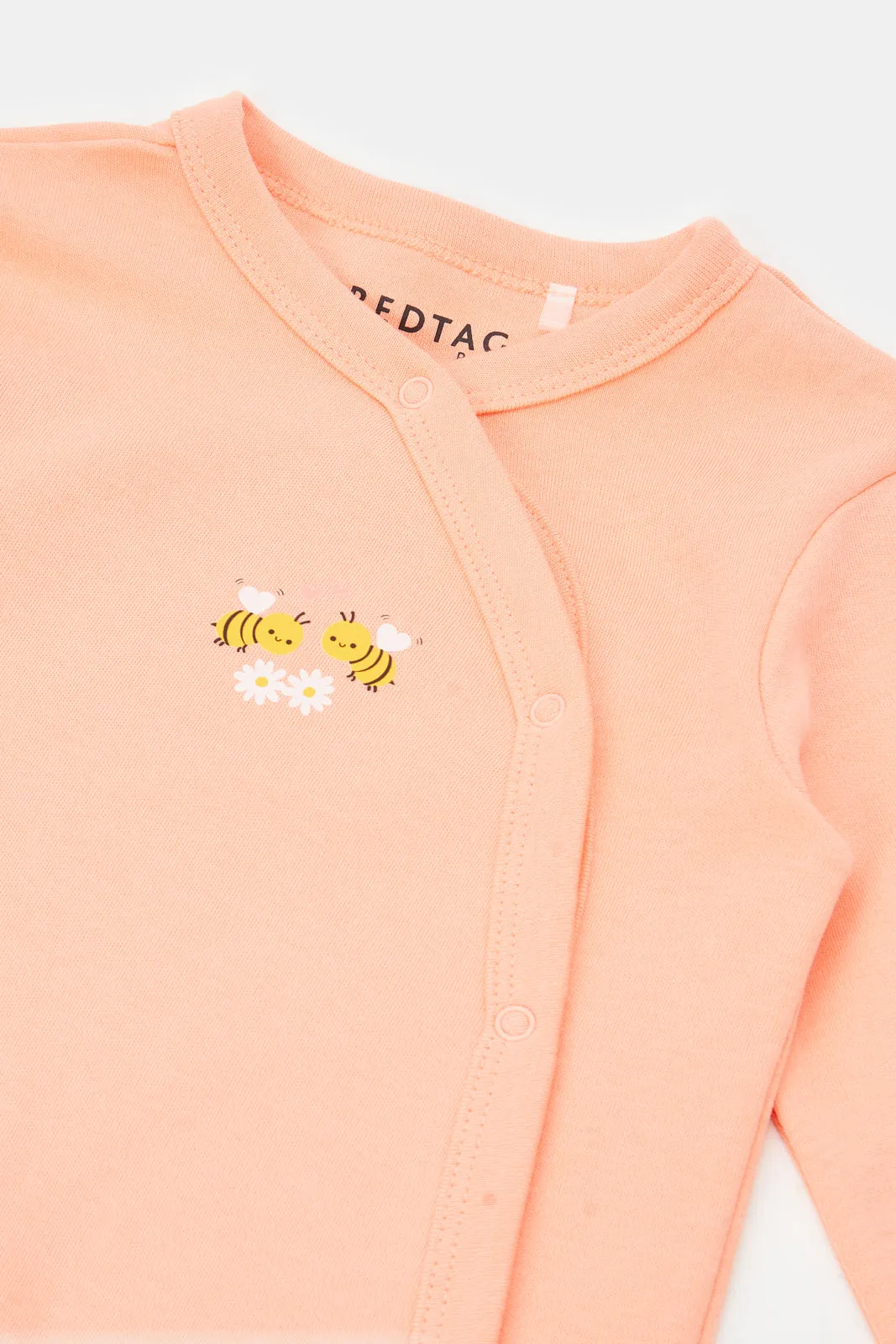 Baby Peach And White Printed Sleepsuit Set (Pack of 2)