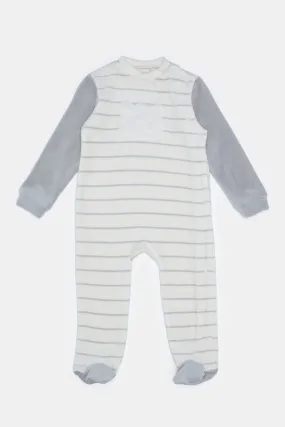 Baby White And Grey Striped Sleepsuit
