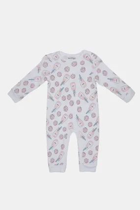 Baby White Cookies And Milk Print Sleepsuit