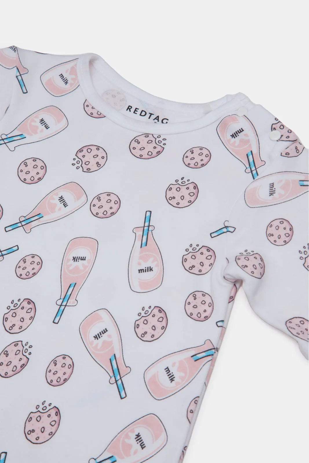 Baby White Cookies And Milk Print Sleepsuit