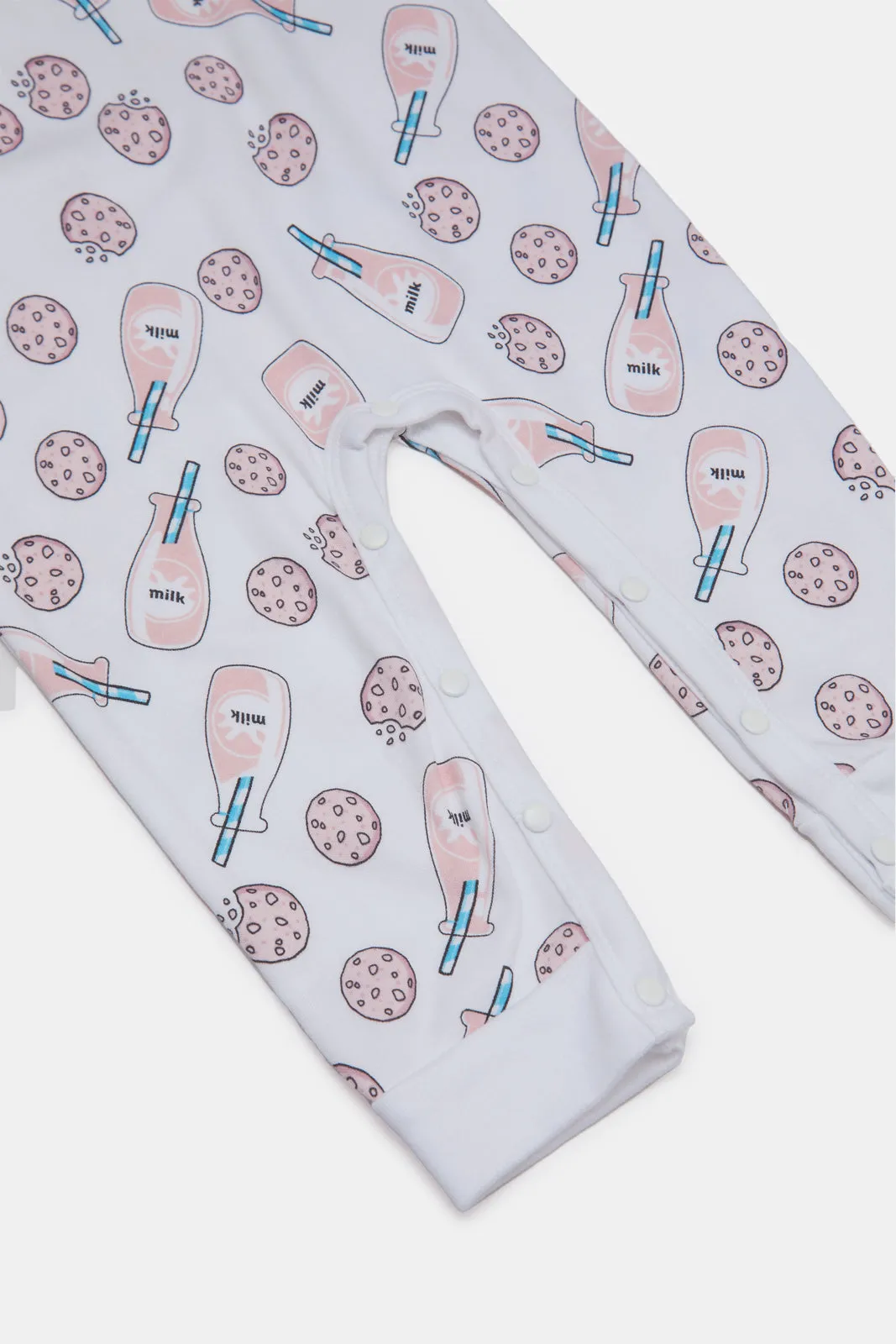 Baby White Cookies And Milk Print Sleepsuit