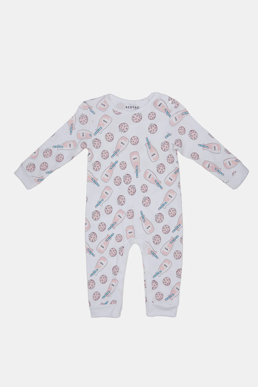 Baby White Cookies And Milk Print Sleepsuit