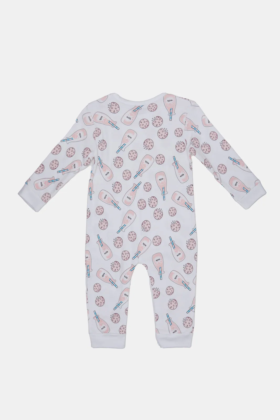 Baby White Cookies And Milk Print Sleepsuit