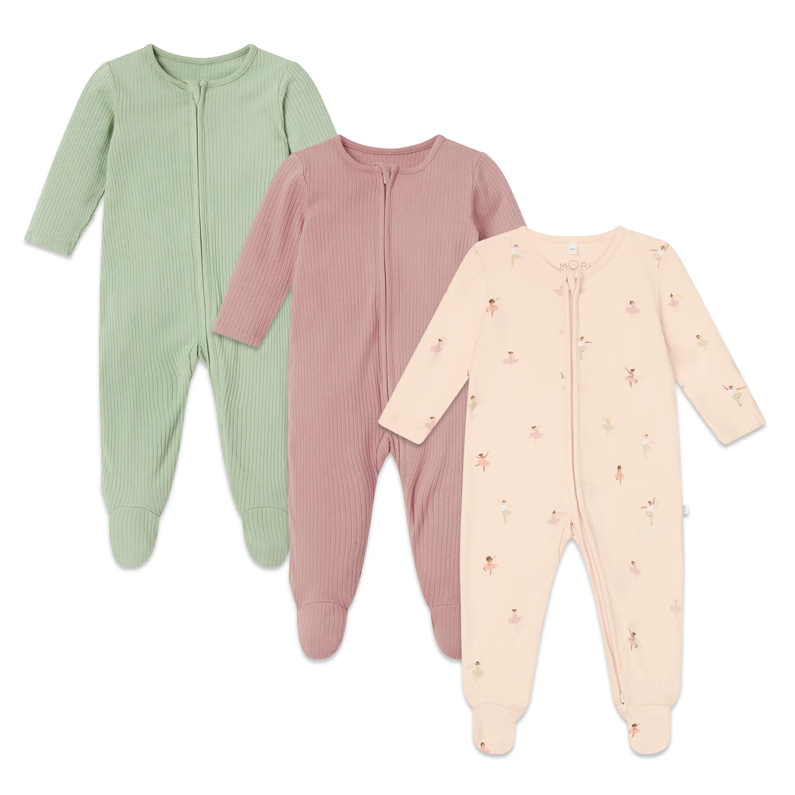 Ballerina & Ribbed Clever Zip Baby Pajamas 3 Pack