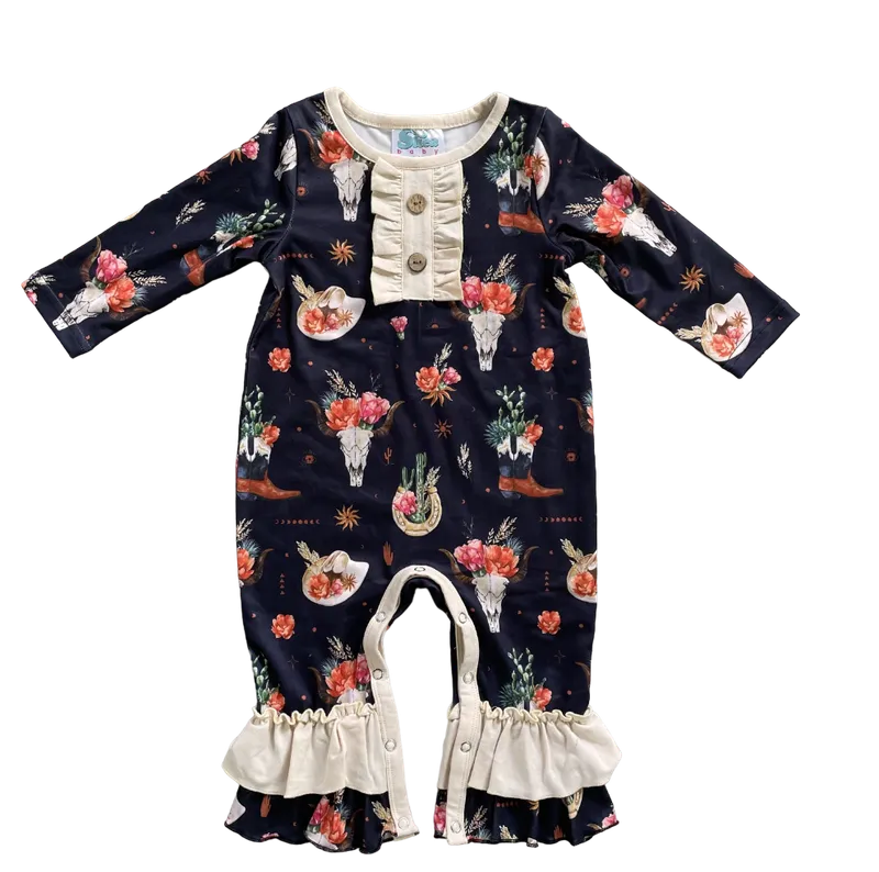 Black Floral Skull Long Sleeve Romper Baby (0M-2T)