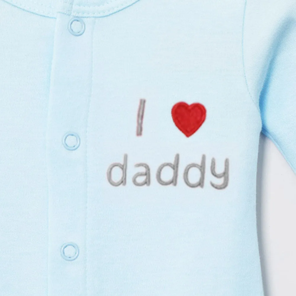 Blue I Love Daddy Embroidered Full Sleeves Footsie With Cap