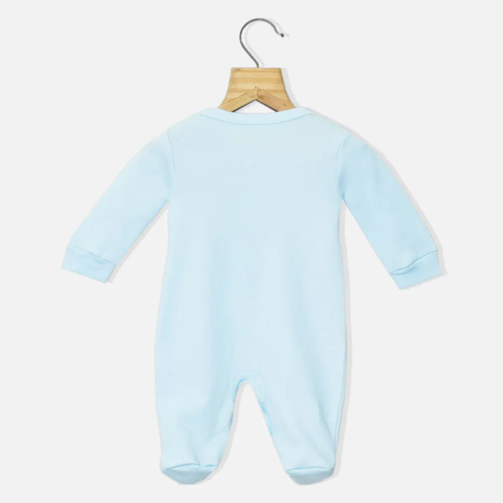 Blue I Love Daddy Embroidered Full Sleeves Footsie With Cap