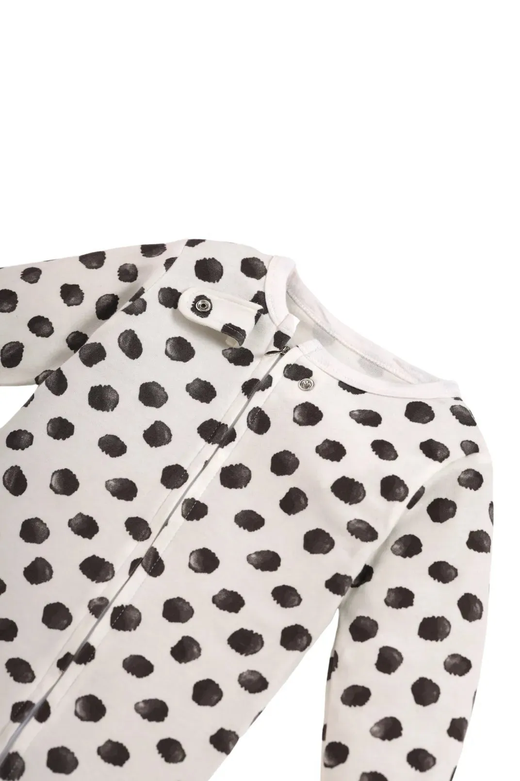 Full sleeve black round pattern in white zipper sleepsuit with cap  for baby