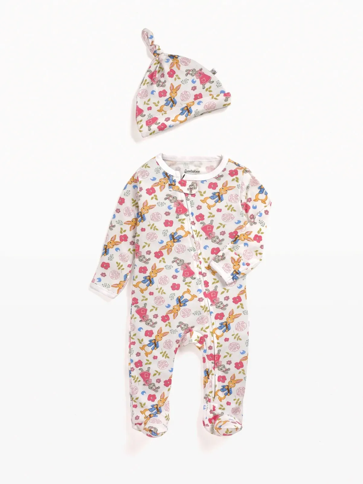 Full sleeve orange and grey rabbit pattern in white zipper sleepsuit with cap  for baby