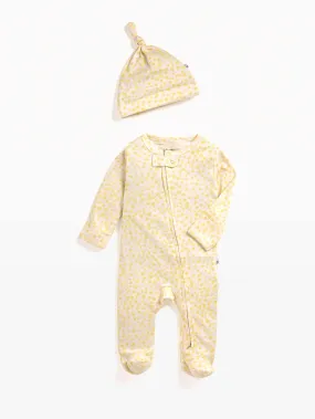 Full sleeve yellow patterns in white zipper sleepsuit with cap for baby