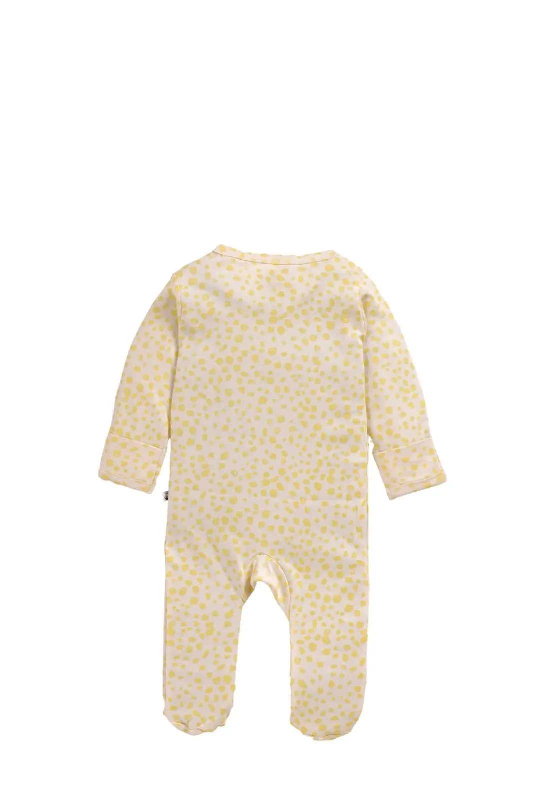 Full sleeve yellow patterns in white zipper sleepsuit with cap for baby