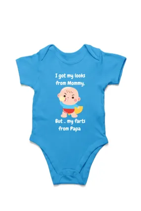 Funny Baby Boy Rompers - Mommy’s Looks, Daddy’s Farts – A Perfect Combo! (White Font)