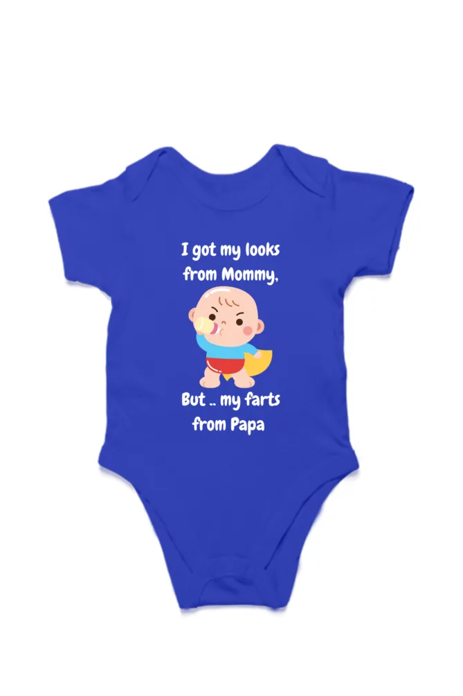 Funny Baby Boy Rompers - Mommy’s Looks, Daddy’s Farts – A Perfect Combo! (White Font)