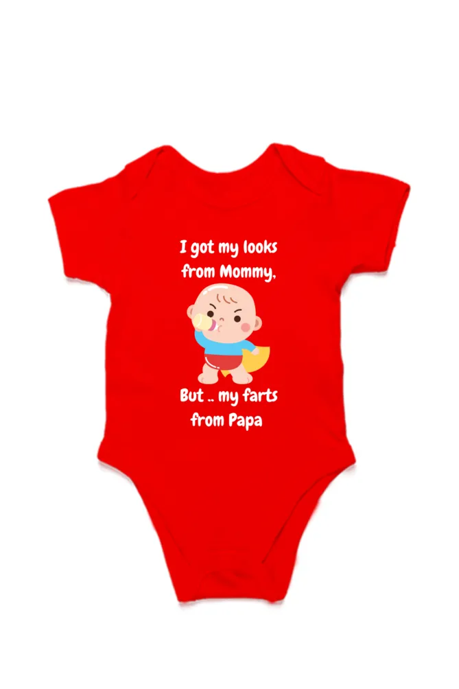 Funny Baby Boy Rompers - Mommy’s Looks, Daddy’s Farts – A Perfect Combo! (White Font)