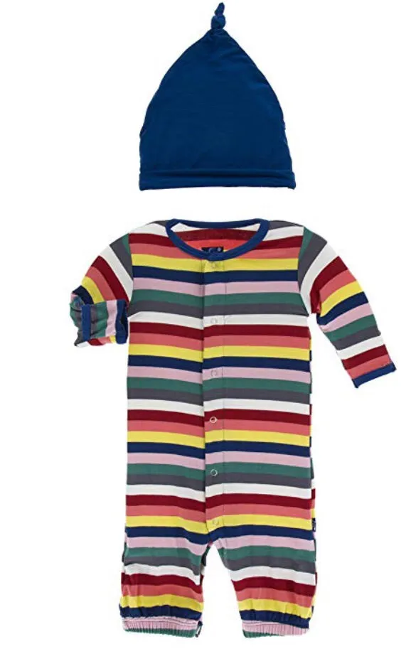 KicKee Pants London Ruffle Layette Gown Converter and Knot Hat Set in Bright London Stripe
