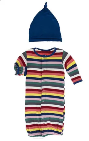 KicKee Pants London Ruffle Layette Gown Converter and Knot Hat Set in Bright London Stripe