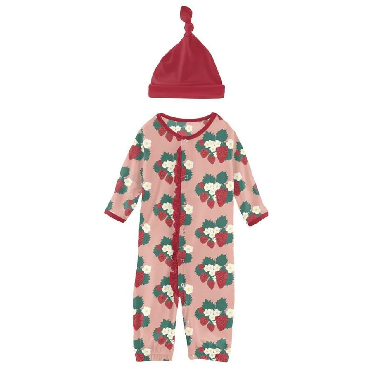 Kickee Pants Print Layette Gown & Single Knot Hat Set in Blush Strawberry Farm