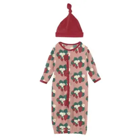 Kickee Pants Print Layette Gown & Single Knot Hat Set in Blush Strawberry Farm